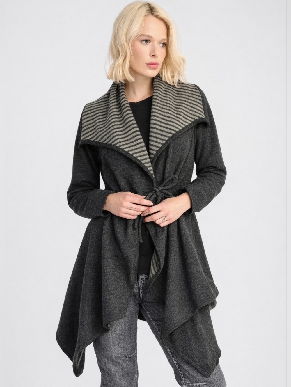 Alembika Asymmetrical Wrap Cardigan Size 6 Grey Striped Open Front